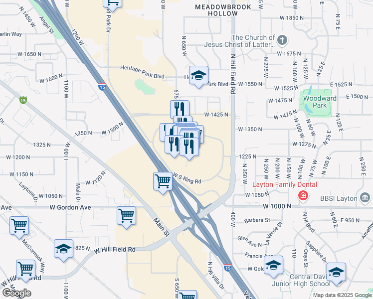 map of restaurants, bars, coffee shops, grocery stores, and more near 1201 North Hill Field Road in Layton