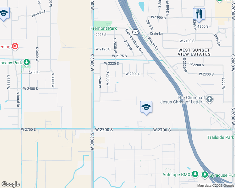 map of restaurants, bars, coffee shops, grocery stores, and more near 2393 South 2830 West in Syracuse