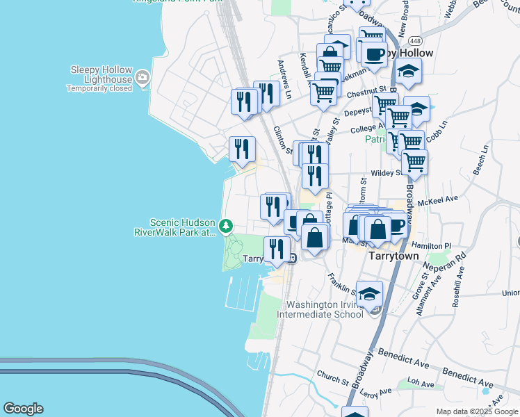 map of restaurants, bars, coffee shops, grocery stores, and more near 31 Rivers Edge Drive in Tarrytown
