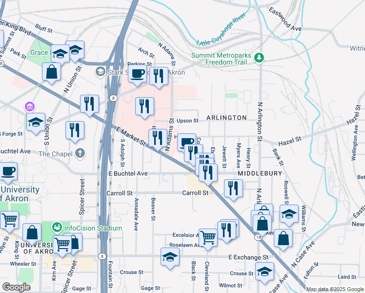 map of restaurants, bars, coffee shops, grocery stores, and more near in Akron