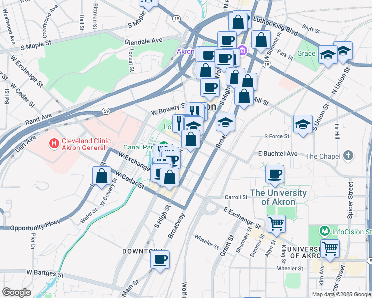 map of restaurants, bars, coffee shops, grocery stores, and more near in Akron