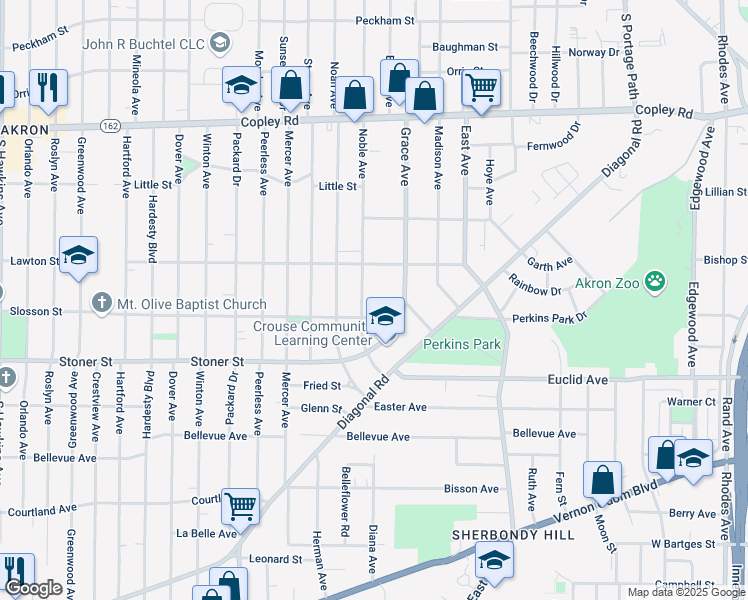 map of restaurants, bars, coffee shops, grocery stores, and more near 675 Noble Avenue in Akron