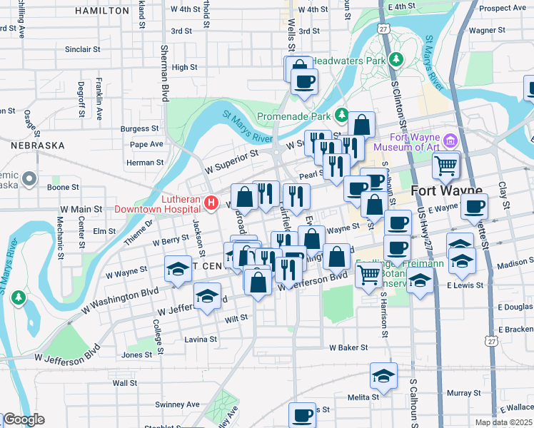 map of restaurants, bars, coffee shops, grocery stores, and more near 723 Fulton Street in Fort Wayne