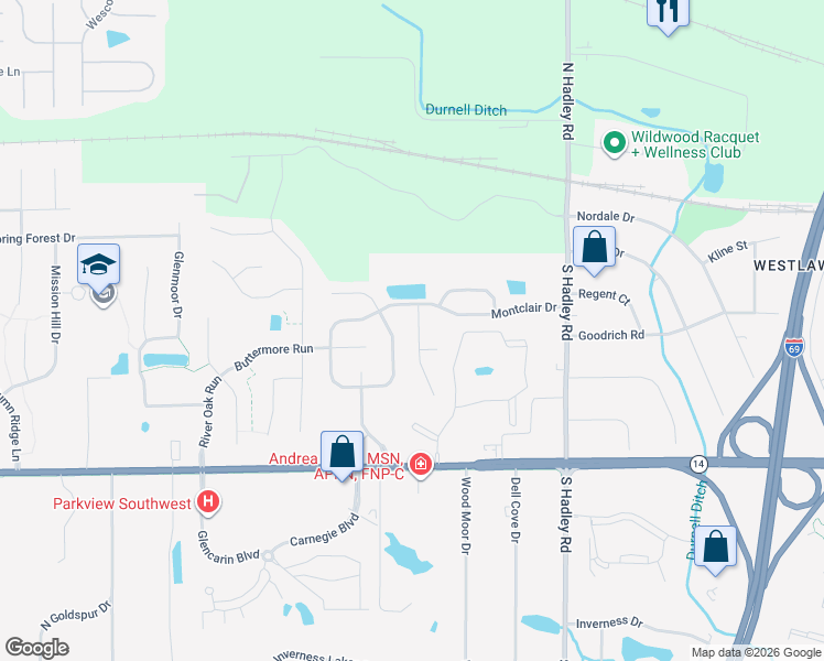 map of restaurants, bars, coffee shops, grocery stores, and more near 501 Tattersholl Court in Fort Wayne