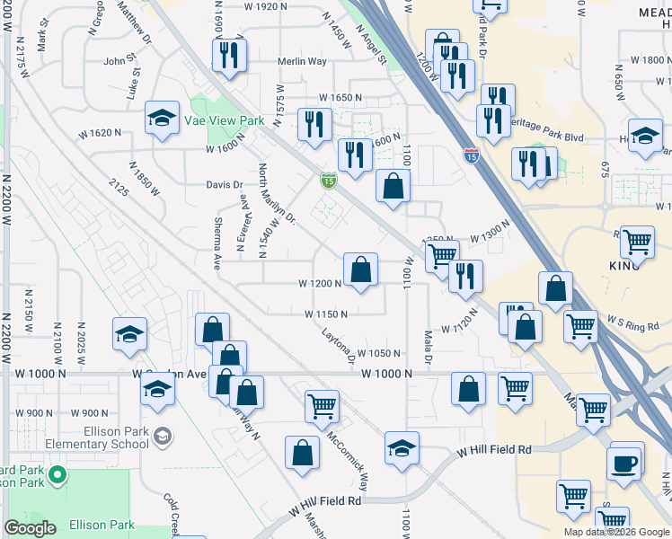 map of restaurants, bars, coffee shops, grocery stores, and more near 1359 North Marilyn Drive in Layton
