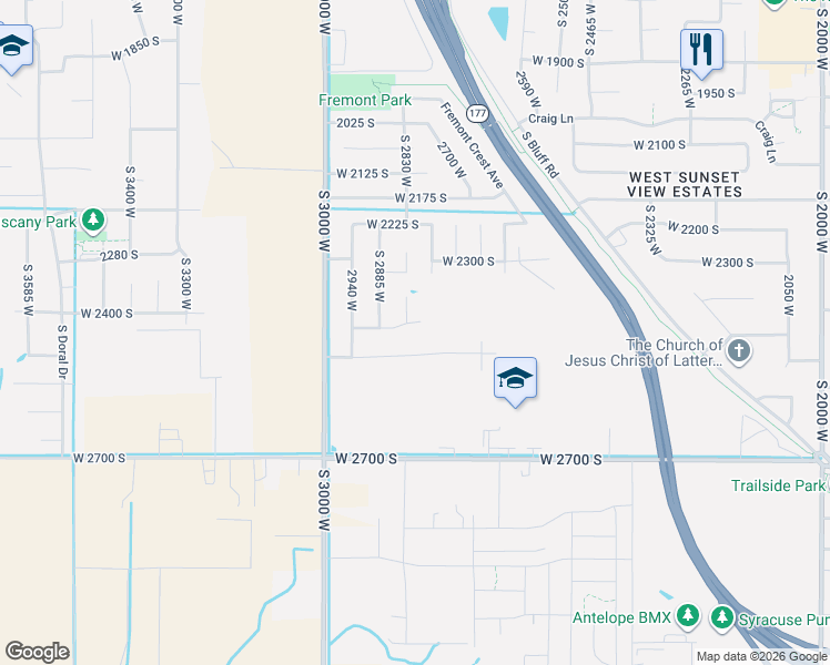 map of restaurants, bars, coffee shops, grocery stores, and more near 2393 South 2830 West in Syracuse