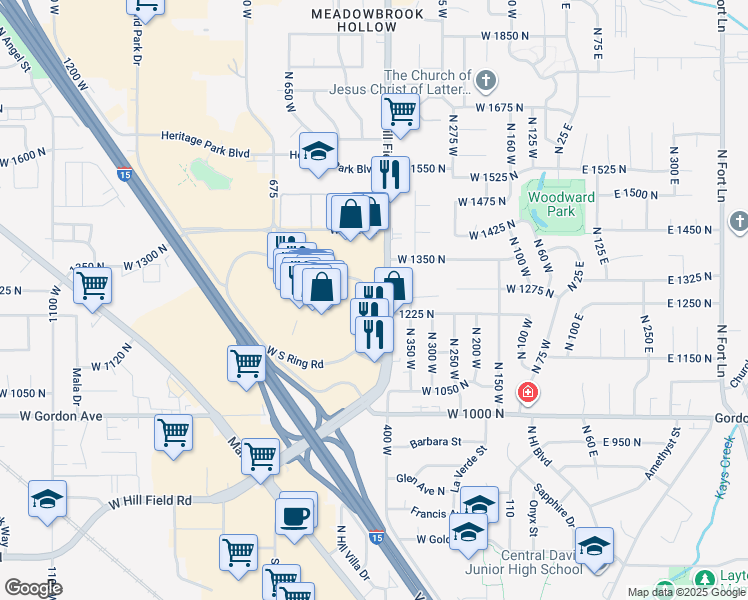 map of restaurants, bars, coffee shops, grocery stores, and more near 1275 North Hill Field Road in Layton