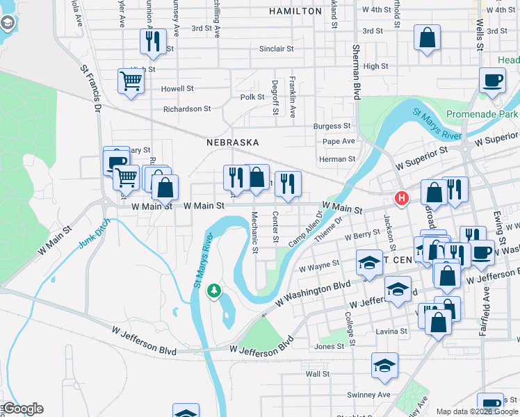 map of restaurants, bars, coffee shops, grocery stores, and more near 616 Mechanic Street in Fort Wayne