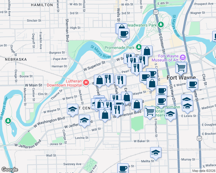 map of restaurants, bars, coffee shops, grocery stores, and more near 723 Fulton Street in Fort Wayne