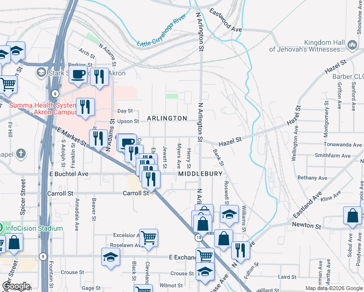 map of restaurants, bars, coffee shops, grocery stores, and more near 772 Hazel Street in Akron