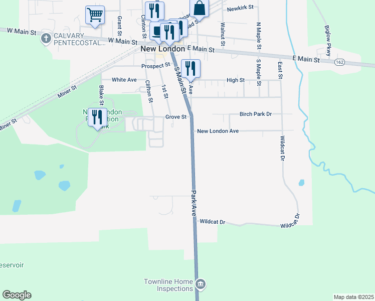 map of restaurants, bars, coffee shops, grocery stores, and more near 132 Park Avenue in New London