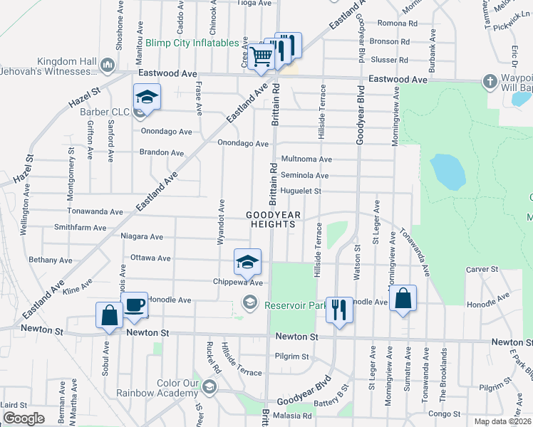 map of restaurants, bars, coffee shops, grocery stores, and more near 601 Mohawk Avenue in Akron