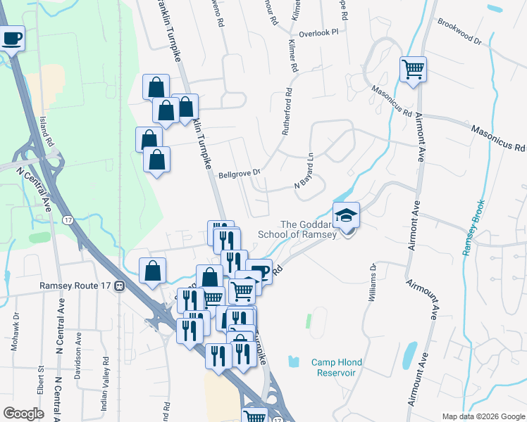 map of restaurants, bars, coffee shops, grocery stores, and more near 236 Indian Hollow Court in Mahwah