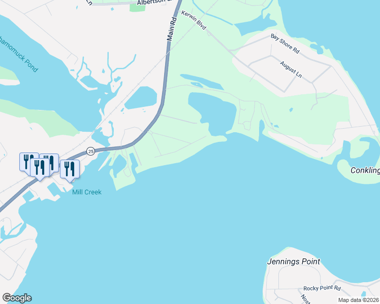 map of restaurants, bars, coffee shops, grocery stores, and more near 585 Blue Marlin Drive in Southold