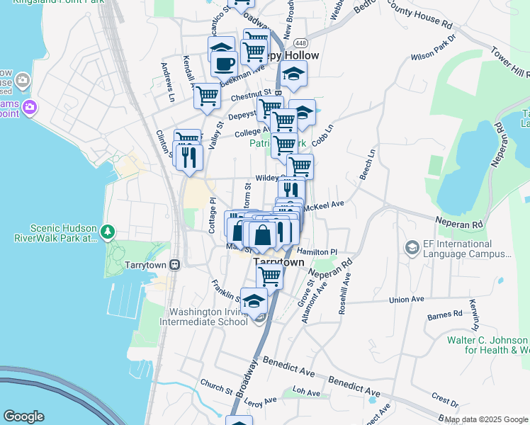 map of restaurants, bars, coffee shops, grocery stores, and more near 54 North Washington Street in Tarrytown