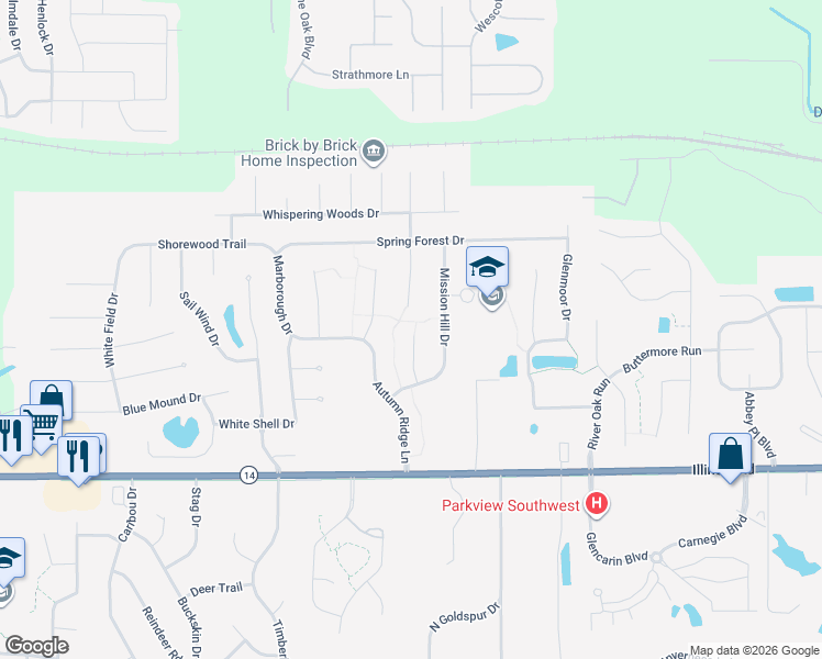 map of restaurants, bars, coffee shops, grocery stores, and more near 428 Mission Hill Drive in Fort Wayne