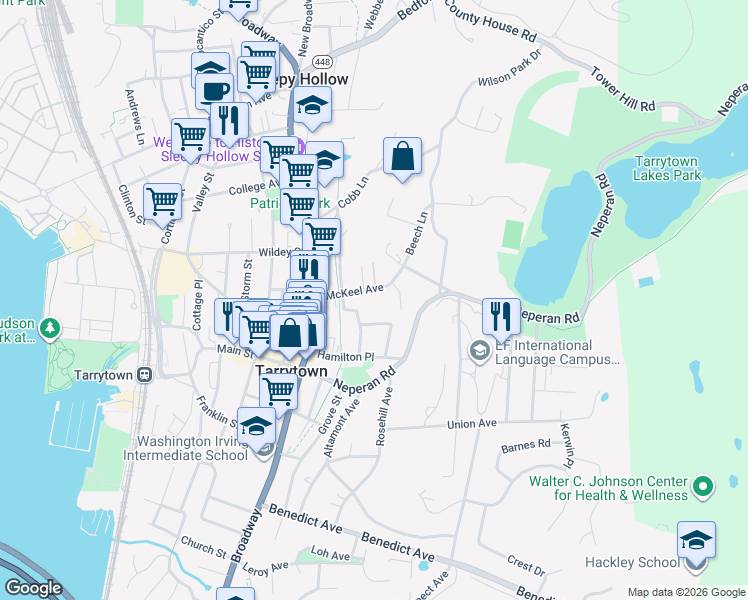 map of restaurants, bars, coffee shops, grocery stores, and more near 1 Sunhaven Court in Tarrytown