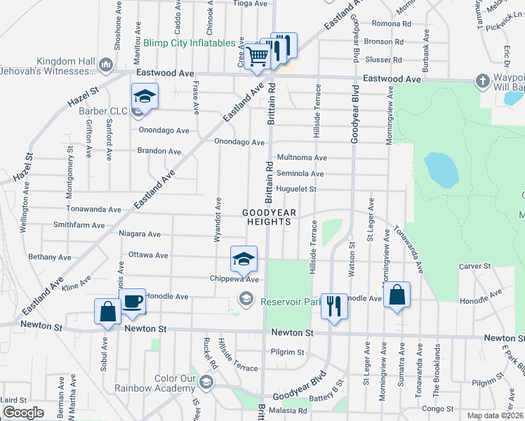 map of restaurants, bars, coffee shops, grocery stores, and more near 601 Mohawk Avenue in Akron