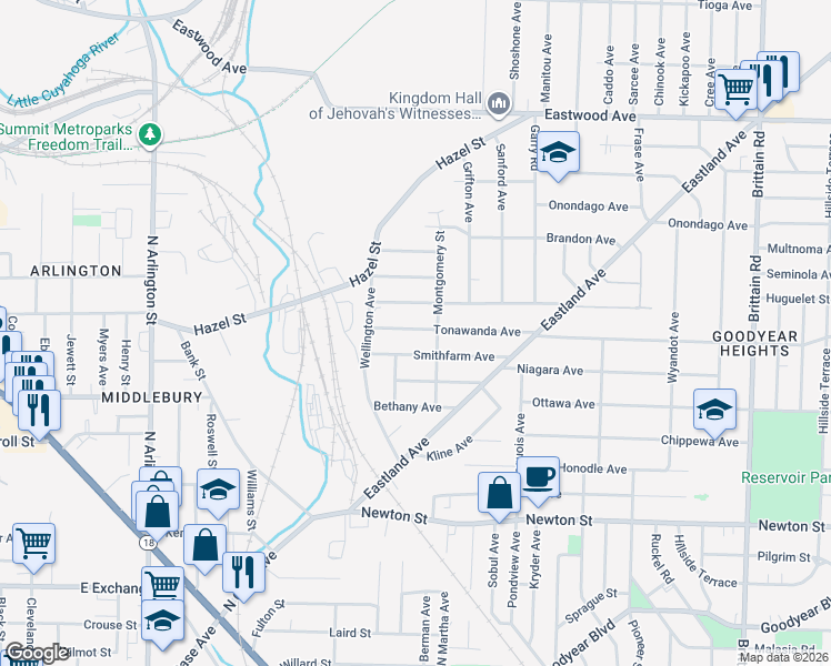 map of restaurants, bars, coffee shops, grocery stores, and more near 1140 Arnold Avenue in Akron