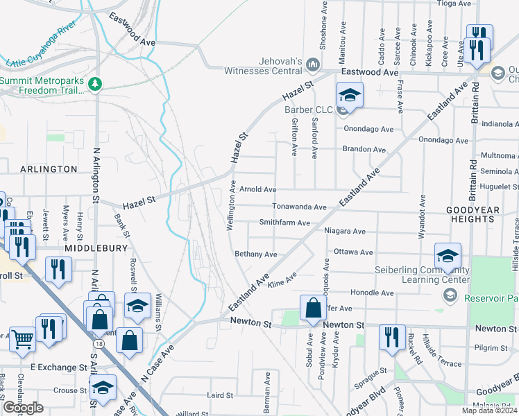 map of restaurants, bars, coffee shops, grocery stores, and more near 1140 Arnold Avenue in Akron
