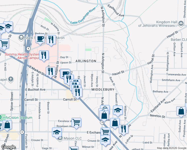 map of restaurants, bars, coffee shops, grocery stores, and more near 772 Hazel Street in Akron