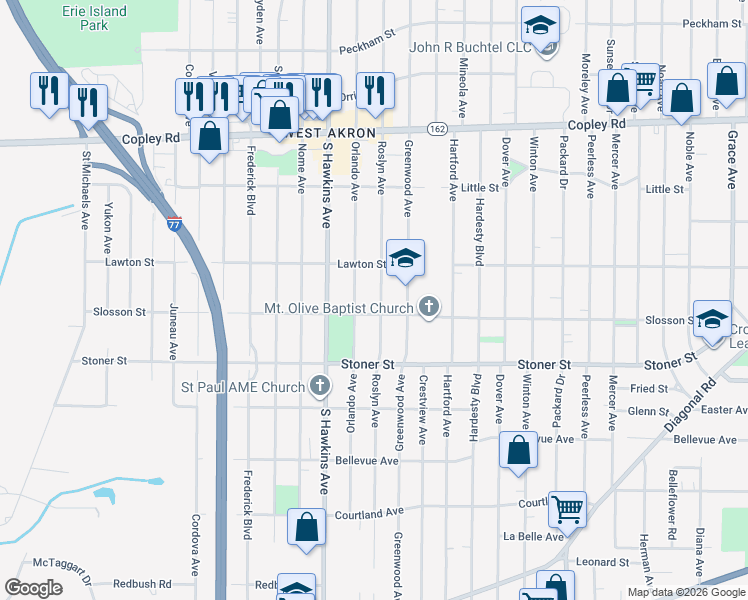 map of restaurants, bars, coffee shops, grocery stores, and more near 1071 Roslyn Avenue in Akron