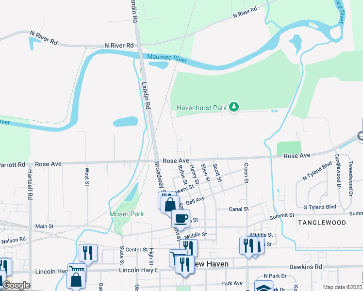 map of restaurants, bars, coffee shops, grocery stores, and more near 130 North Rufus Street in New Haven