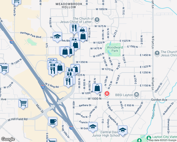 map of restaurants, bars, coffee shops, grocery stores, and more near 251 West 1275 North in Layton