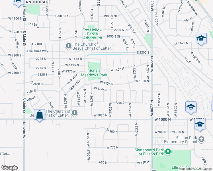 map of restaurants, bars, coffee shops, grocery stores, and more near 2543 West 1275 North in Layton