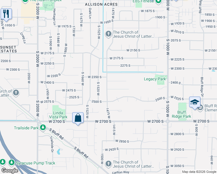 map of restaurants, bars, coffee shops, grocery stores, and more near 1466 West 2425 South in Syracuse