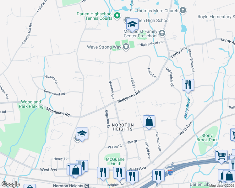 map of restaurants, bars, coffee shops, grocery stores, and more near 8 Revere Road in Darien