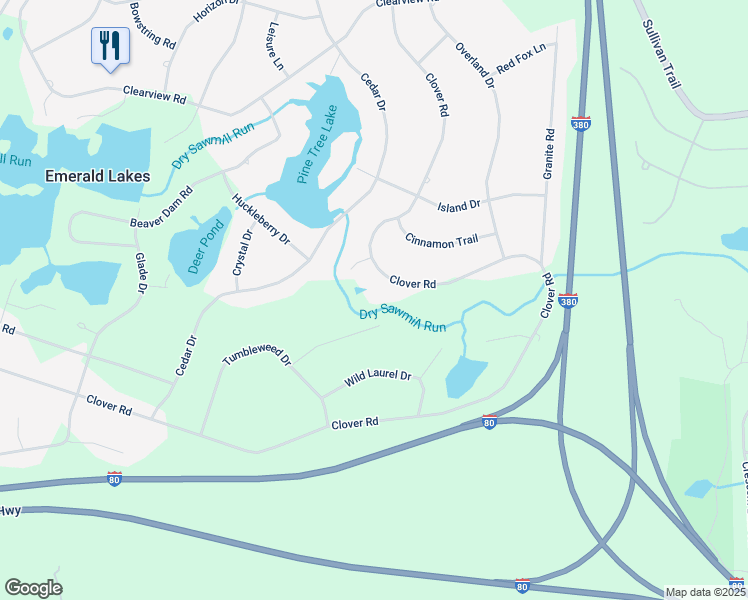 map of restaurants, bars, coffee shops, grocery stores, and more near 1467 Clover Road in Long Pond