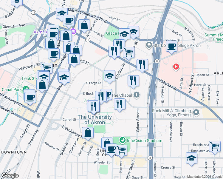 map of restaurants, bars, coffee shops, grocery stores, and more near 123 South Forge Street in Akron