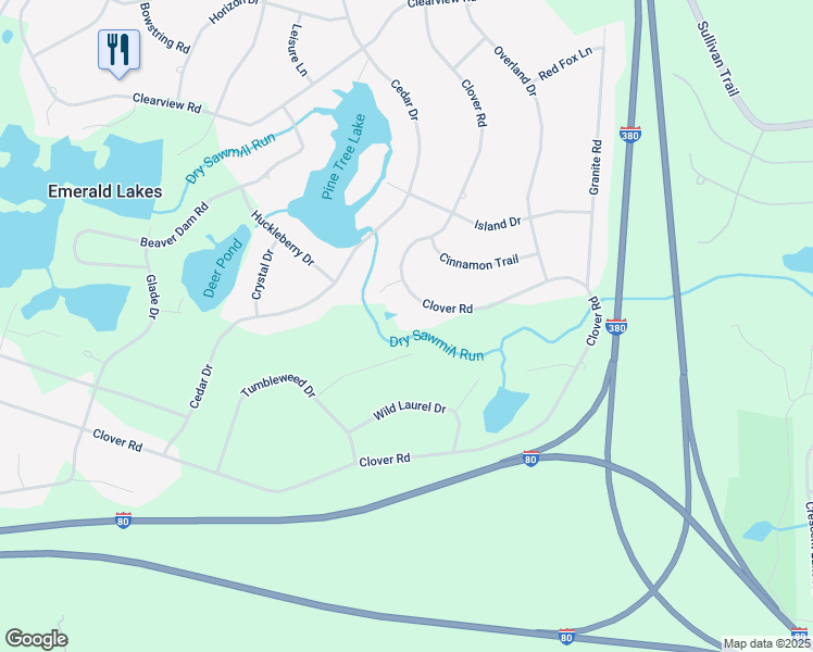 map of restaurants, bars, coffee shops, grocery stores, and more near 1467 Clover Road in Long Pond