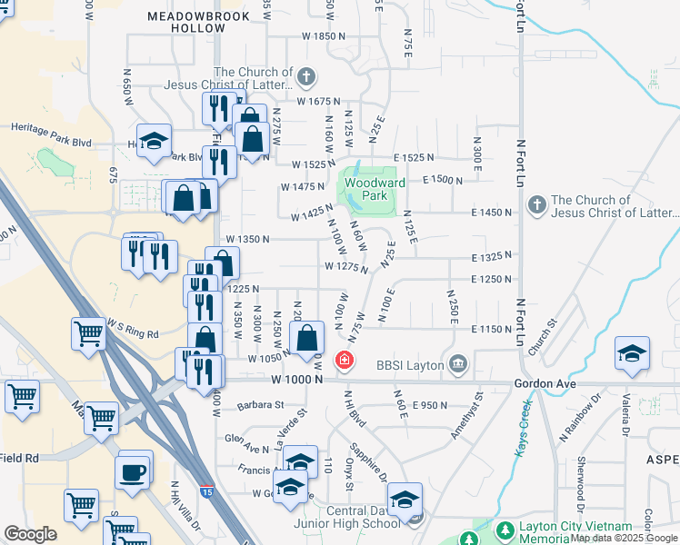 map of restaurants, bars, coffee shops, grocery stores, and more near 103 West 1275 North in Layton