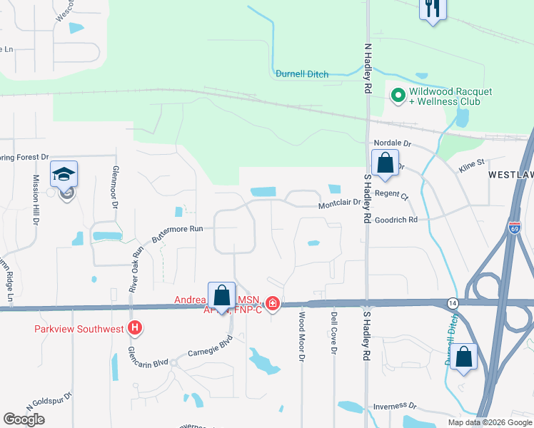 map of restaurants, bars, coffee shops, grocery stores, and more near 501 Tattersholl Court in Fort Wayne