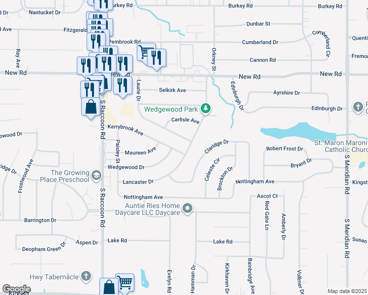 map of restaurants, bars, coffee shops, grocery stores, and more near 1798 Laurie Drive in Youngstown