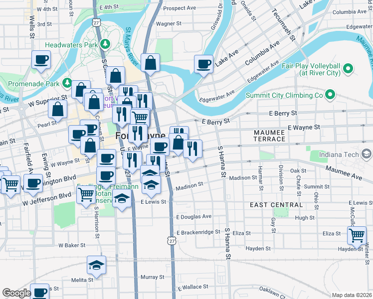 map of restaurants, bars, coffee shops, grocery stores, and more near in Fort Wayne