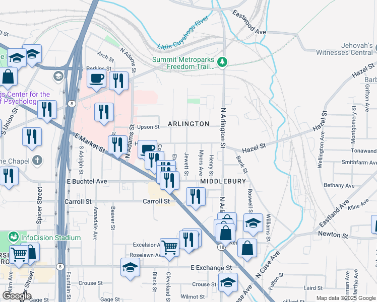 map of restaurants, bars, coffee shops, grocery stores, and more near 730 Hazel Street in Akron