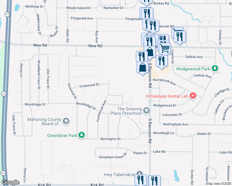 map of restaurants, bars, coffee shops, grocery stores, and more near 2207 Frostwood Avenue in Youngstown