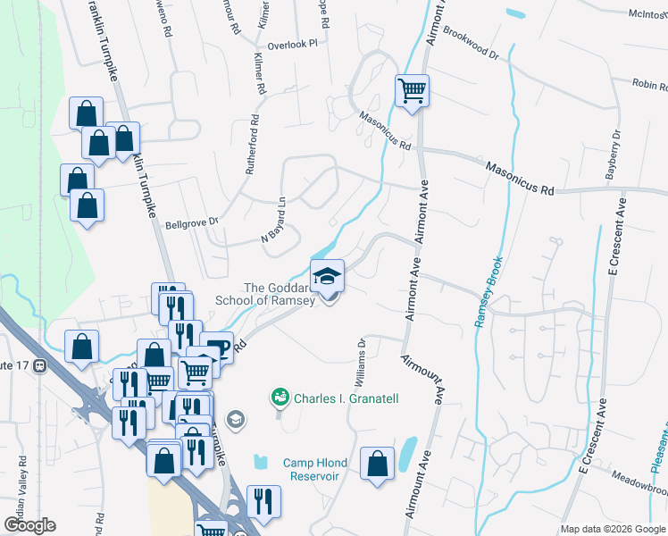 map of restaurants, bars, coffee shops, grocery stores, and more near 2214 Hilltop Road in Mahwah