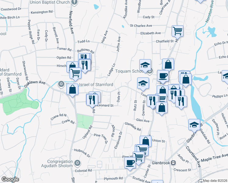 map of restaurants, bars, coffee shops, grocery stores, and more near 6 Autumn Lane in Stamford