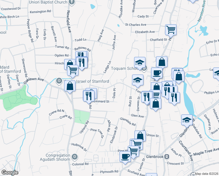 map of restaurants, bars, coffee shops, grocery stores, and more near 6 Autumn Lane in Stamford
