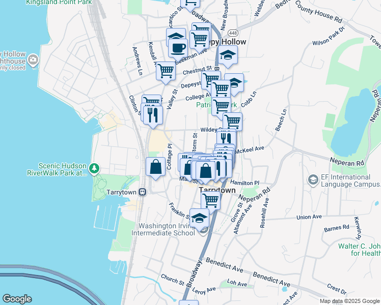 map of restaurants, bars, coffee shops, grocery stores, and more near 12 Mechanics Avenue in Tarrytown