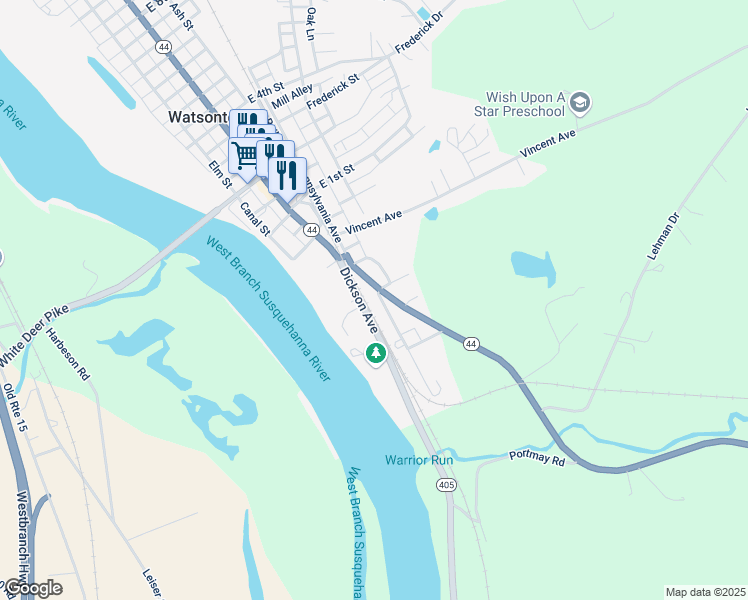 map of restaurants, bars, coffee shops, grocery stores, and more near 31 South Main Street in Watsontown