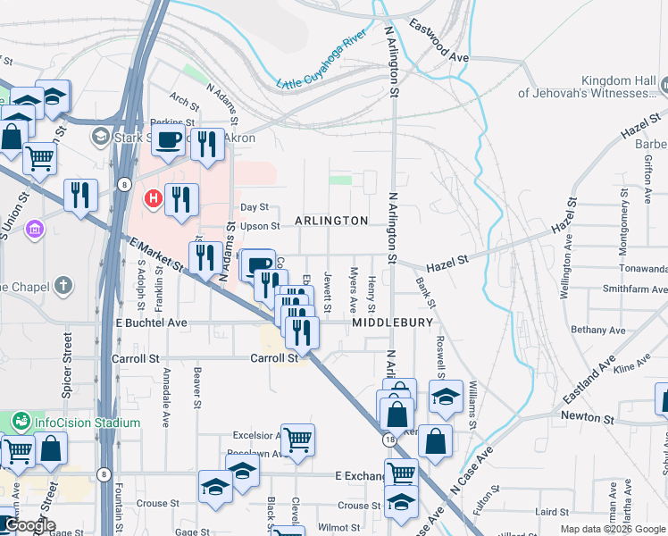 map of restaurants, bars, coffee shops, grocery stores, and more near 730 Hazel Street in Akron