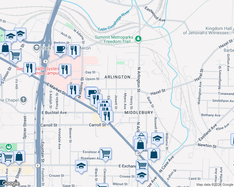 map of restaurants, bars, coffee shops, grocery stores, and more near 730 Hazel Street in Akron