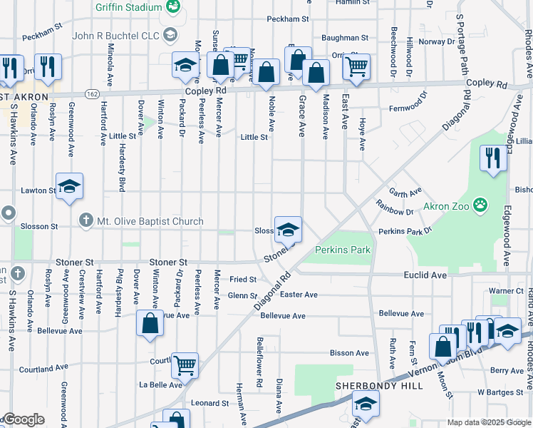 map of restaurants, bars, coffee shops, grocery stores, and more near 679 Noah Avenue in Akron