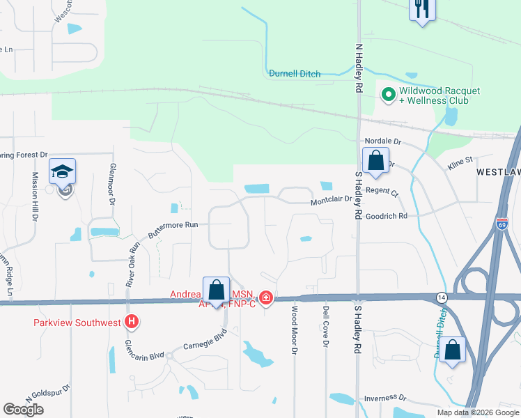 map of restaurants, bars, coffee shops, grocery stores, and more near 501 Tattersholl Court in Fort Wayne