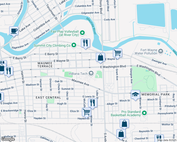 map of restaurants, bars, coffee shops, grocery stores, and more near 1500 East Washington Boulevard in Fort Wayne